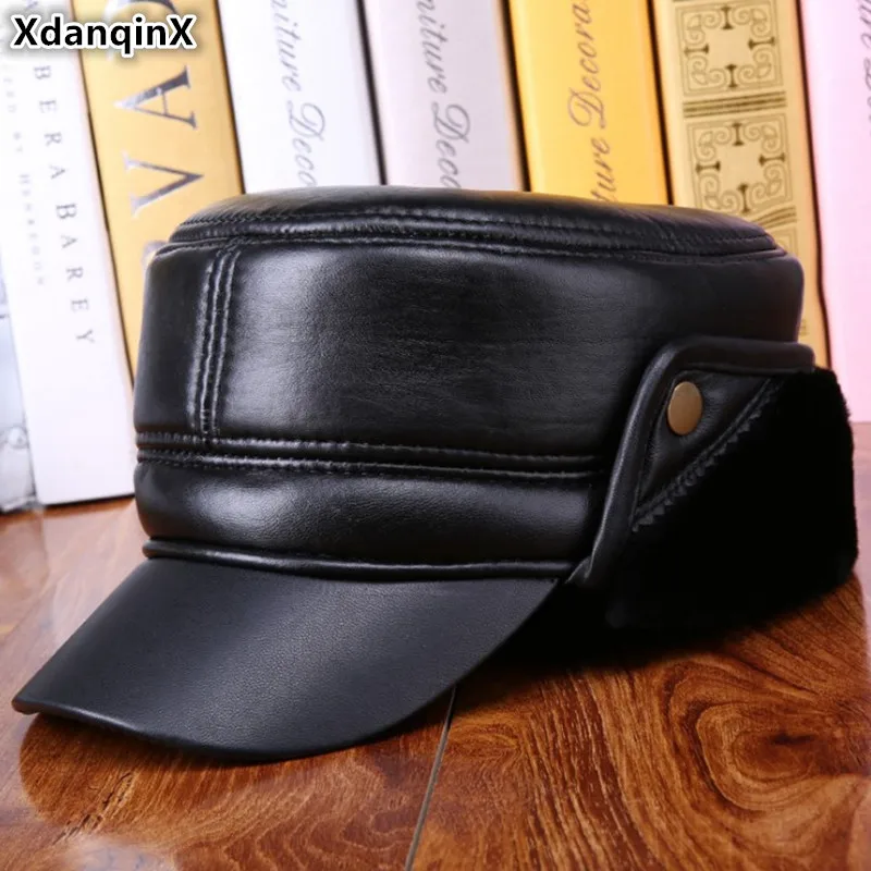 

XdanqinX Men's Winter Warm Thick Hat Genuine Leather Army Military Hats With Earmuff Sheepskin Leather Flat Cap For Men Ski Caps