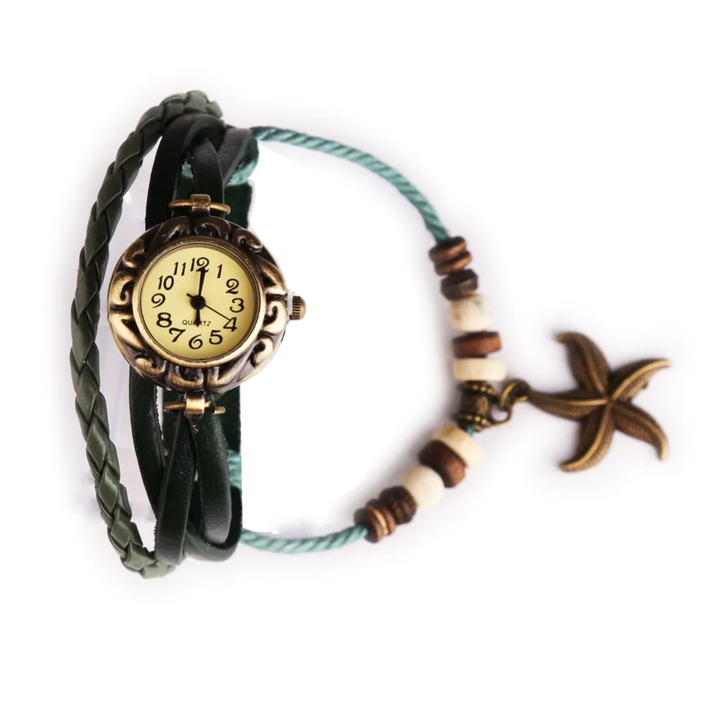 

Fashion Style Women Wristwatch Weave Hand Strap Starfish Pendant Retro Quartz Watch Gift Reloj Kol Saat Female Dark Green
