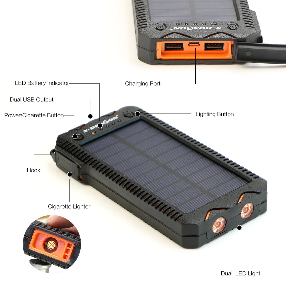 Портативное водонепроницаемое солнечное зарядное устройство, внешний аккумулятор 15000 мАч, внешний аккумулятор для телефона, USB светодиодный, солнечное зарядное устройство, электронная зажигалка