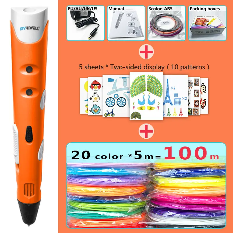 Myriwell 3d Ручка 3d ручки, 1,75 мм ABS/PLA нити, 3 d ручка SmartChild подарок на день рождения, 3d печать pen3d модель - Цвет: Orange pen Package 3