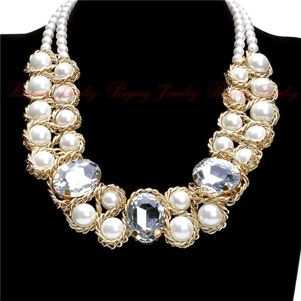 Fashion Gold Chain Weave White Pearl Crystal Beads Choker Luxury Chunky
