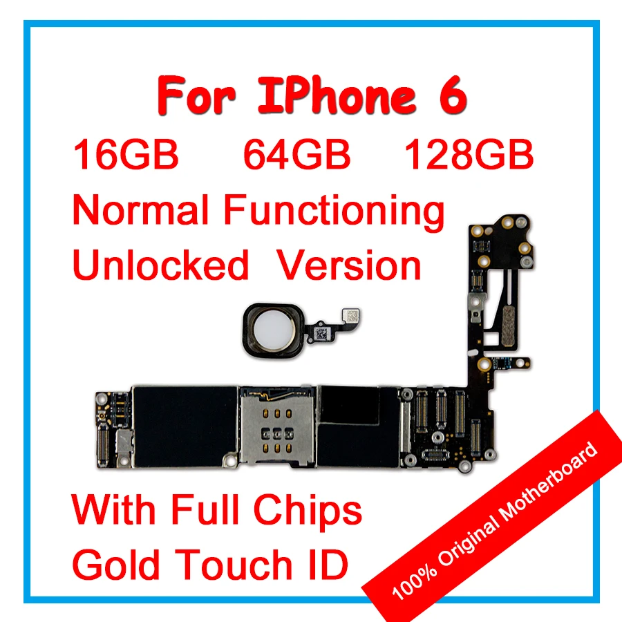 

16GB 64GB 128GB 100% Unlocked Original Motherboard For iPhone 6 Mainboard With Chips IOS Logic Board With Gold Touch ID Replace