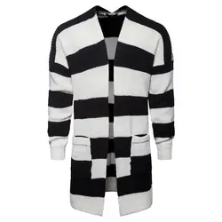 Мужская разноцветная куртка-кардиган Мужская одежда длинные черные и белые полосатый трикотажный свитер в европейской и американской моде