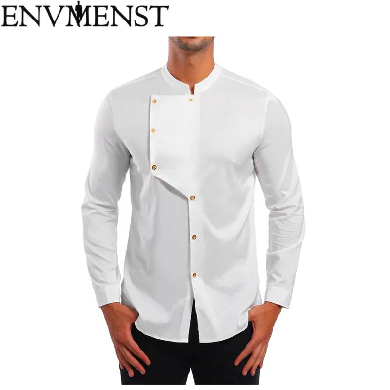 2018 Новая мода Мужская одежда сплошной цвет Turn-Down воротник рубашка пряжка воротник Повседневная мужская рубашка с длинным рукавом