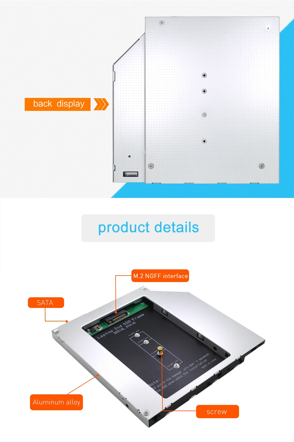 TISHRIC 2nd HDD Caddy 9.5mm Aluminum Optibay Case Hard Disk Drive Enclosure Adapter Dvd hdd For M2 NGFF SSD Laptop CD-ROM