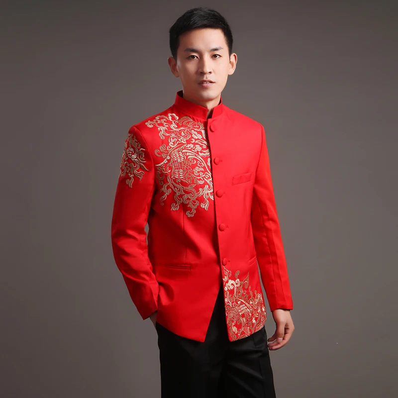 Современный Cheongsam Топ Vestido традиционная одежда для жениха Ципао Красная Вышивка