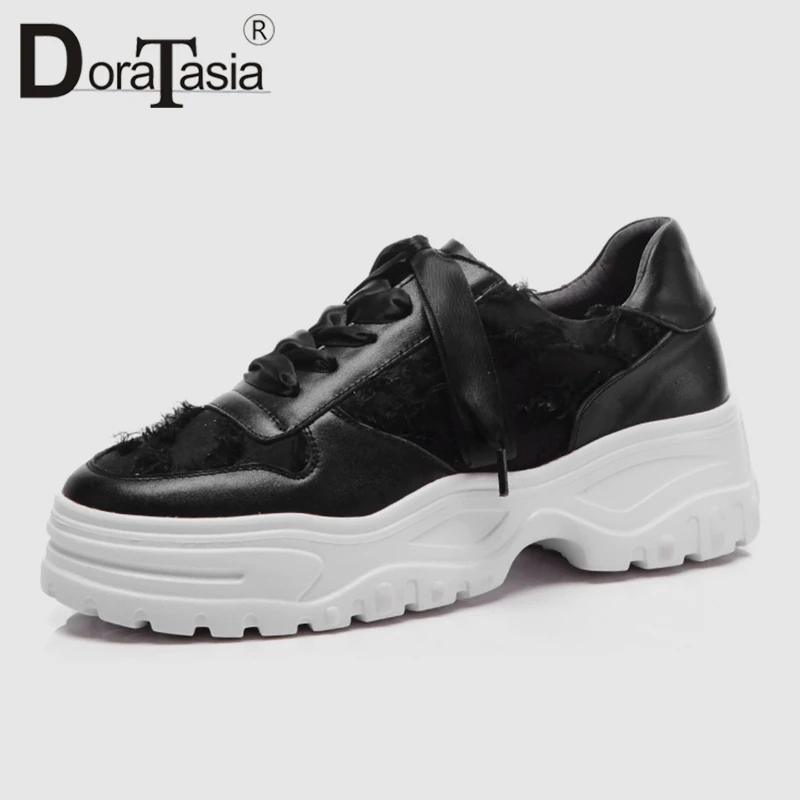 

DoraTasia 2019 New Fashion Patchwork Girl Dad Shoes Genuine Cow Leather lace-up Sneakers Casual Black Flat Platform Shoes Woman