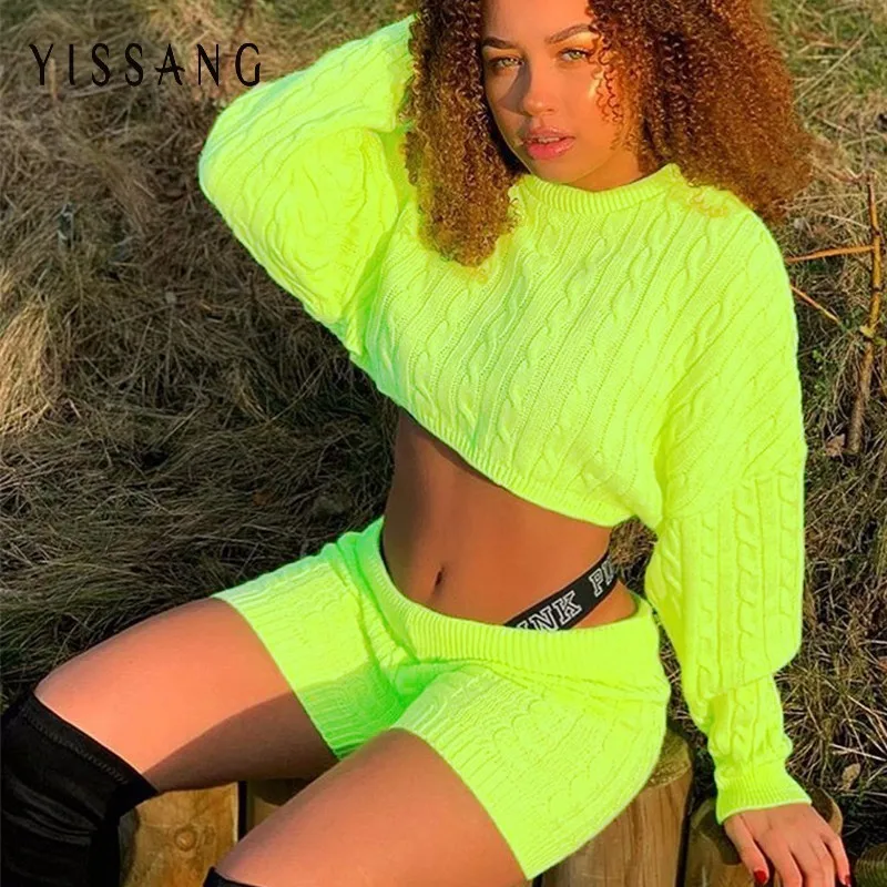 

Sexy Cotton Knitted Two Piece Women Summer Set Solid Long Sleeve Sweater +shorts Over Size 2 Piece Set Club Outfits