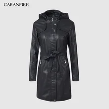 CARANFIER, зимняя женская куртка из искусственной кожи, водонепроницаемая, с поясом, Тренч на молнии, толстый бархат, с меховой подкладкой, кожаные куртки для женщин
