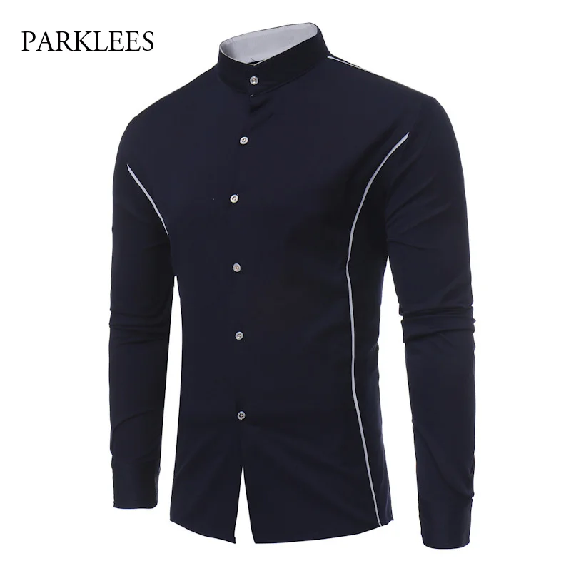 

Mandarin Collar Shirt Men Chemise Homme 2018 Hipster Side Trim Slim Button Down Mens Dress Shirts Business Dating Party Clothes