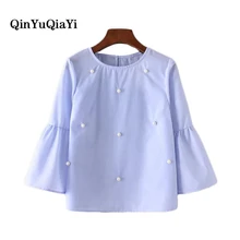 2017 New Fashion Women Vintage Flare Sleeve Beading Decoration Blouses Shirts lady o neck pullover Feminine Blusas Tops YF-147N
