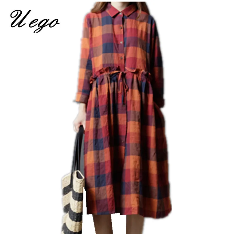 

Uego Fashion Printing Plaid Long Sleeve Spring Dress Soft Cotton Linen Prairie Chic Vintage Dress 2019 New Women Casual Dress