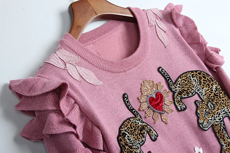 Pull femme hiver, высококачественный Женский свитер, пуловеры с рюшами, длинный рукав, Леопардовый принт, красное сердце, Цветочная вышивка, розовые вязаные топы