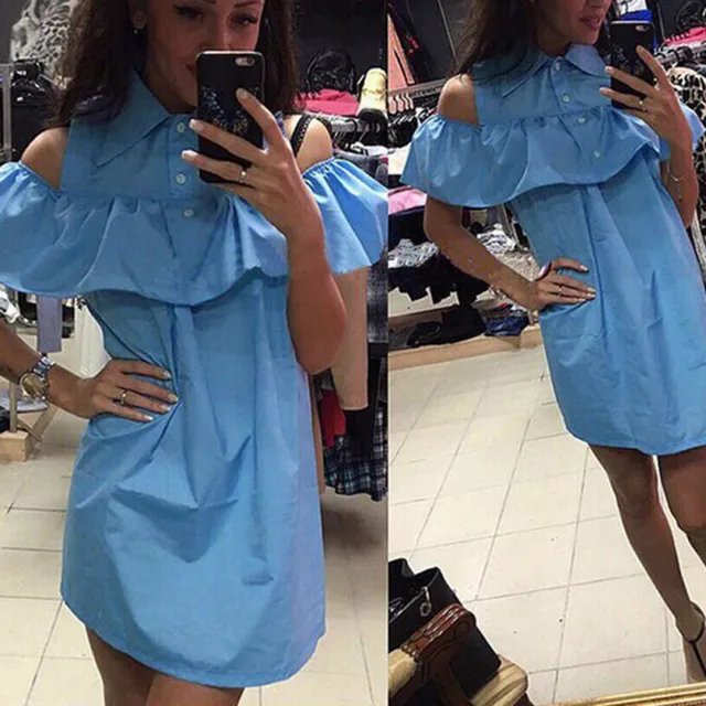 Ruffle Short Dress Women Beach Summer Dress Off Shoulder Button Straight Ladies Dress Casual Party Dresses 1