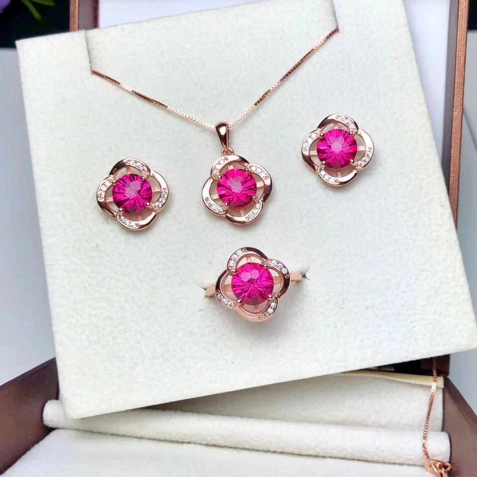 Natural pink gem jewelry sets natural gemstone Pendant ring