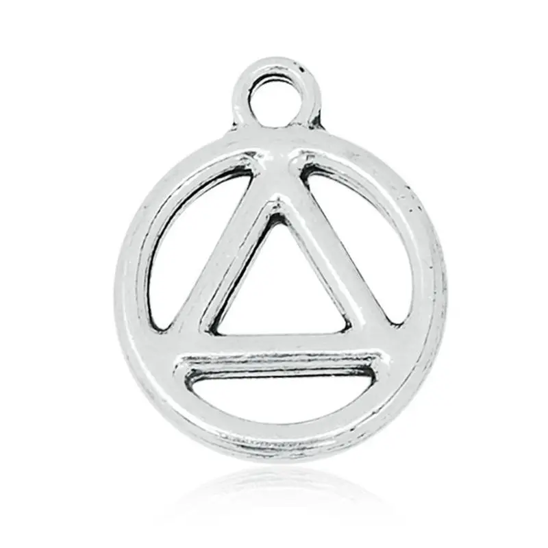 

Antique silver recovery symbol charm with ear, metal sobriety circle and triangle recovery symbol charm