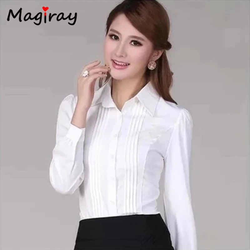 5xl размера плюс blusa feminina плиссированная Передняя сорочка femme с пышными рукавами белая женская офисная рубашка женские официальные блузки C254