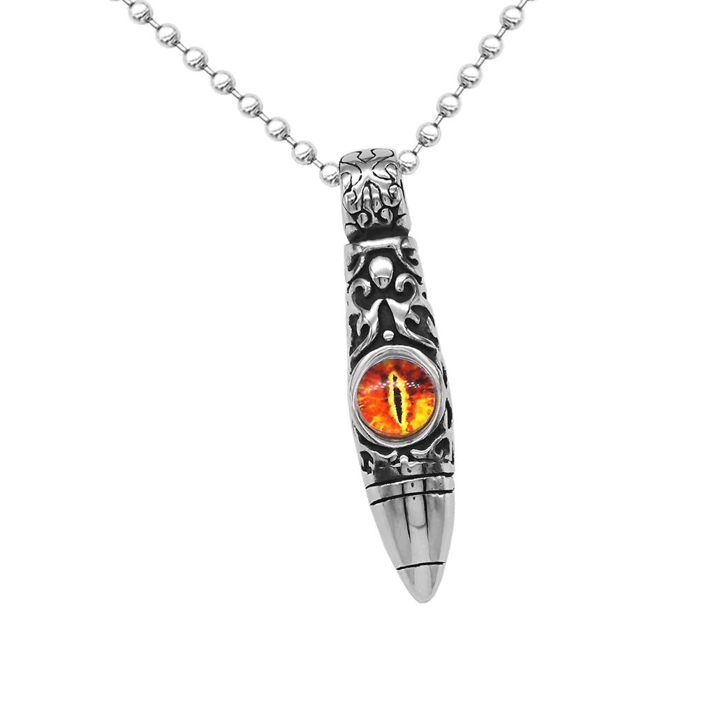 Vintage Stainless Steel Bullet Shape Evil Eye Pendant Ball Chain Necklace Fashion Punk Mens Jewelry