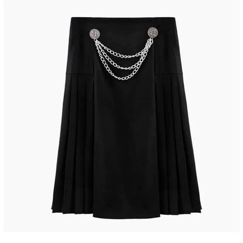 

Luxury Designer Brand Skirt for Women Buttons Chain Decoration Pleated Mini Skirt Black