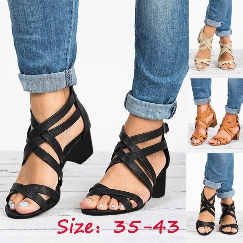 

Womens Zipper High Heel Ankle Strap Gladiator Ladies Rome Shoes Summer Large Size Cross Strap Sandals Retro Sandal