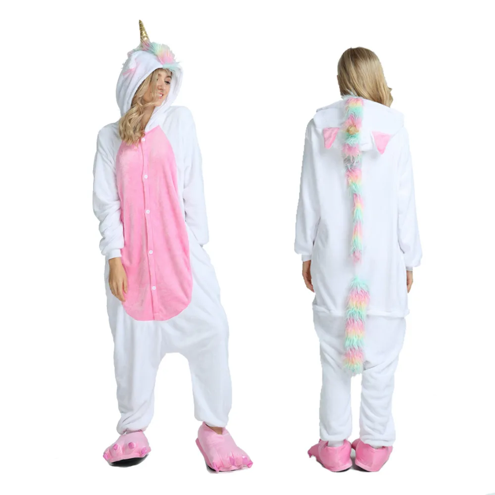 

2019 Winter Unisex Adult Pyjama Unicorn Pajamas Cartoon Sleepwear Flannel Hooded Homewear Animal Pajama Sets Panda Tigger Totoro