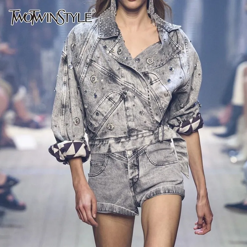 TWOTWOINSTYLE алмазная Лоскутная куртка для женщин воротник с лацканами рукав фонарик