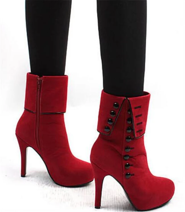 Женские ботильоны на платформе с украшением в виде пуговиц женская обувь на высоком каблуке красного цвета женские ботинки из флока на осень-зиму Большие размеры 35-43 WBS516