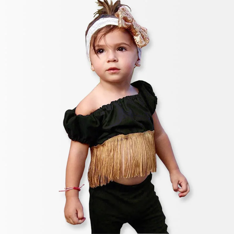 Black Boat Neck Girls T Shirt with Fringe Fashion Tassel Girls Tops