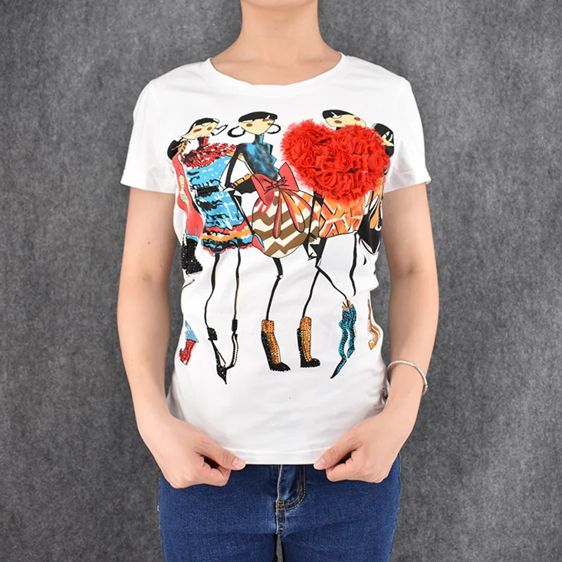 

2016 top selling women's short sleeves t shirts five cartoon print chemise appliques flowers fashion t shirt female tshirt