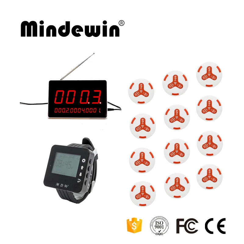 

Mindewin 433MHz Wireless 12 Call Transmitter Button + 1 Watch Receiver +1 LED Display For Hospital Paging System Pager Equipment