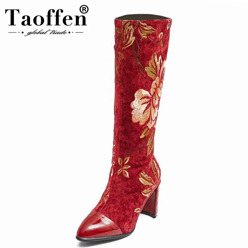 

Taoffen Women Winter Knee High Boots Genuine Leather Shoes Women Warm Fur Thick Heel Boots Embroidery Zipper Shoes Size 33-43