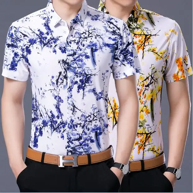 2017 Floral print Men short Sleeve Cotton Men's Flower Hawaiian Dress ...