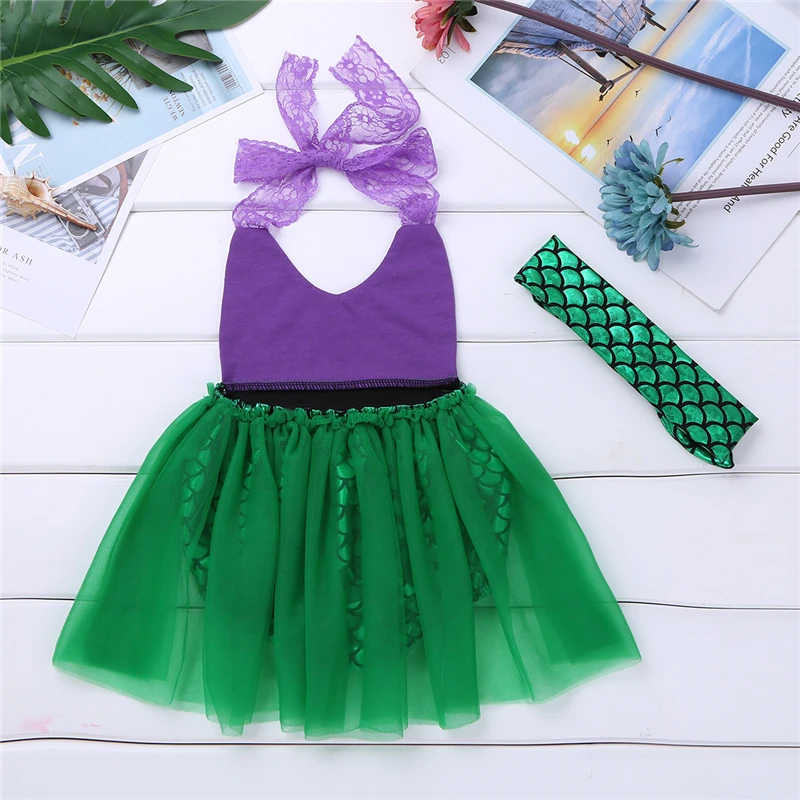 Recién Nacidos bebé Niñas Ropa sirena Cosplay Tutu Fancy Party Body para Bebe encaje correas Halter Romper con la venda Recién Nacidos bebé Niñas Ropa sirena Cosplay Tutu Fancy Party Body para Bebe encaje correas Halter Romper con la venda