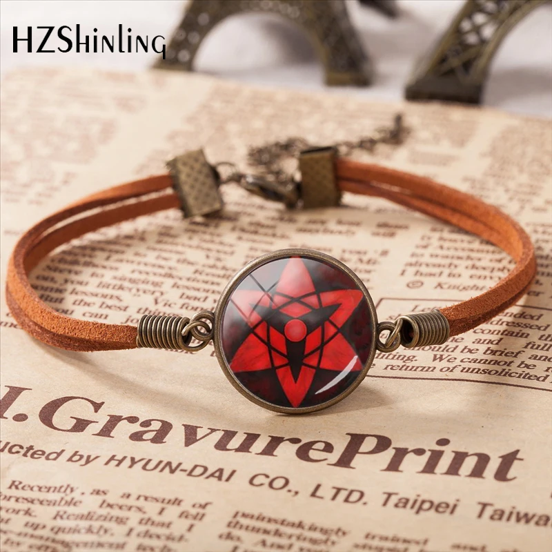 

Handmade Anime Naruto Sharingan Eye Pendant Leather Bracelet Glass Dome Jewelry Uchiha Obito Kakashi Mangekyou Jewelry Gift