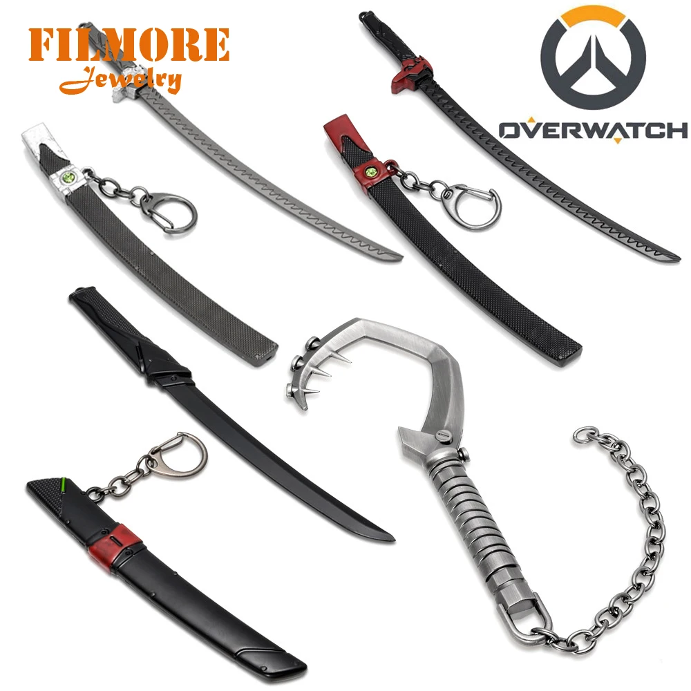 

2019 Overwatch Weapon Sword Keychain Metal Alloy Scabbard Sets Genji ROADHOG Weapon Hook Keychain Pop Fashion Overwatch Necklace