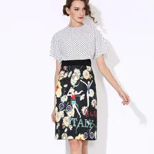2016 Top Fashion Women Summer Elegant Polka Dot Twin Sets Short Sleeve Blouse+Slim Skirt Ruway Printed 2 Pieces Set Suits
