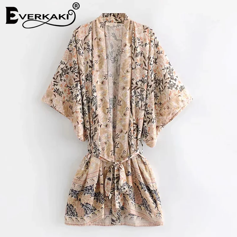 Женское богемное пальто-кимоно Everkaki, хлопковая Цветочная блузка, пальто, женская богемная цыганская одежда с поясом, лето-осень, новинка