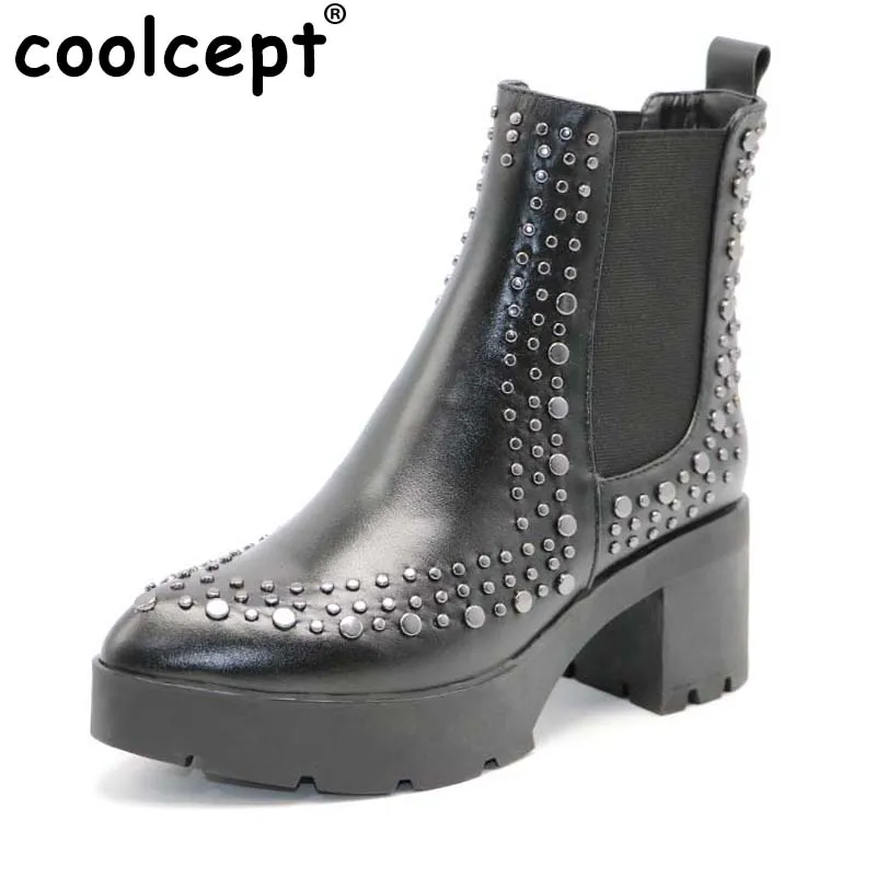 Coolcept Motorcycle Women High Heel Boots Real Leather Rivet Thick Half Short Botas Sexy Punk Shoes Size 33-40 |