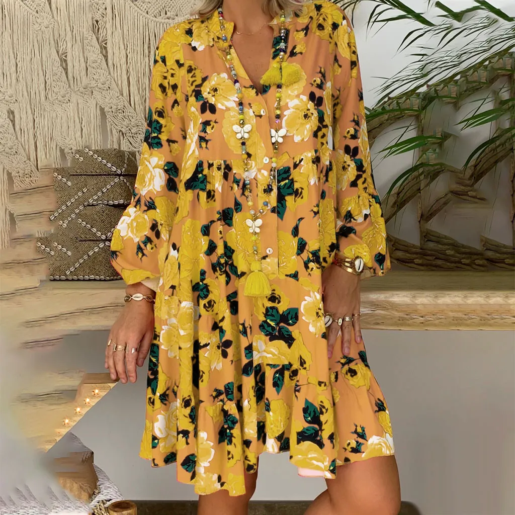 

Summer Women Print Long Sleeve Shirt Dress Fashion Casual Loose Dress strand jurkjes beach sukienki casual zomerjurk dames 2019