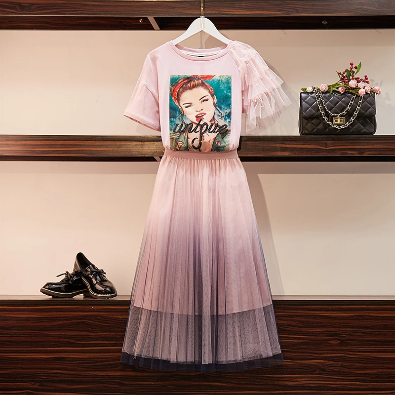 

2019 New Summer Women Letter Appliques Short sleeve Character Print T-shirt + Fairy Gradient Gauze Skirt Two-piece Students Set