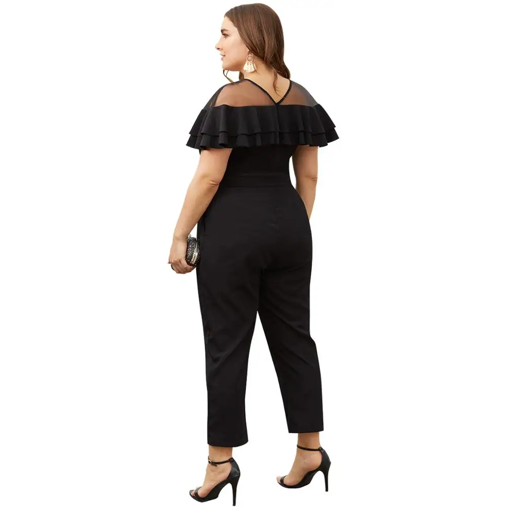 Mesh Patchwork Double Flounce Short Sleeves Collect Waist Jumpsuit Mesh Patchwork Double Flounce Short Sleeves Collect Waist Jumpsuit