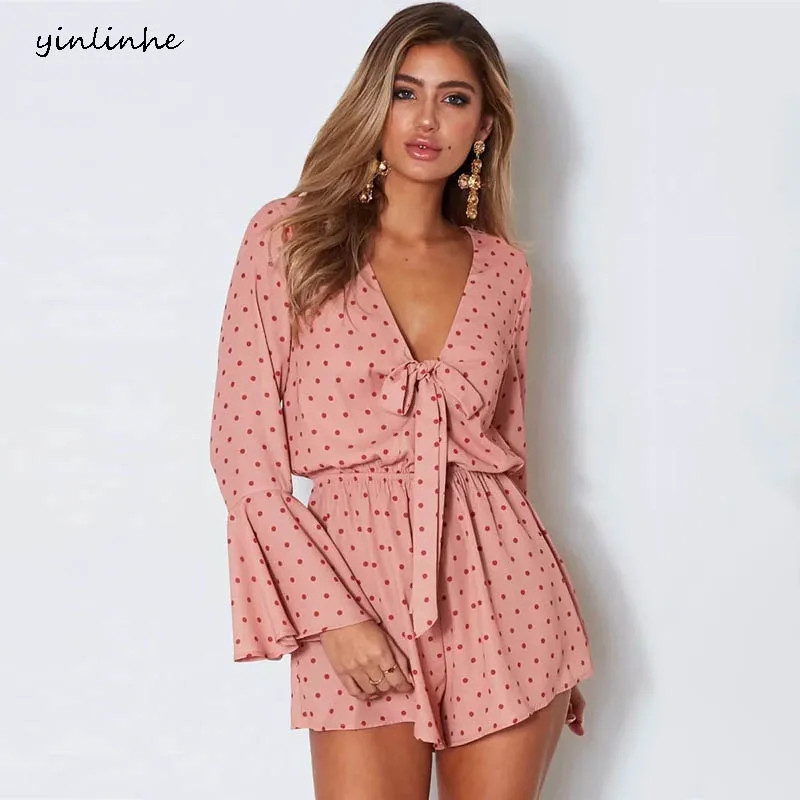 Yinlinhe розовый горошек Playsuit для женщин с длинным рукавом Свободные Летний Пляжный комбинезон V образным вырезом сексуальный короткий комбинезон Комбинезоны для малышек Boho 810