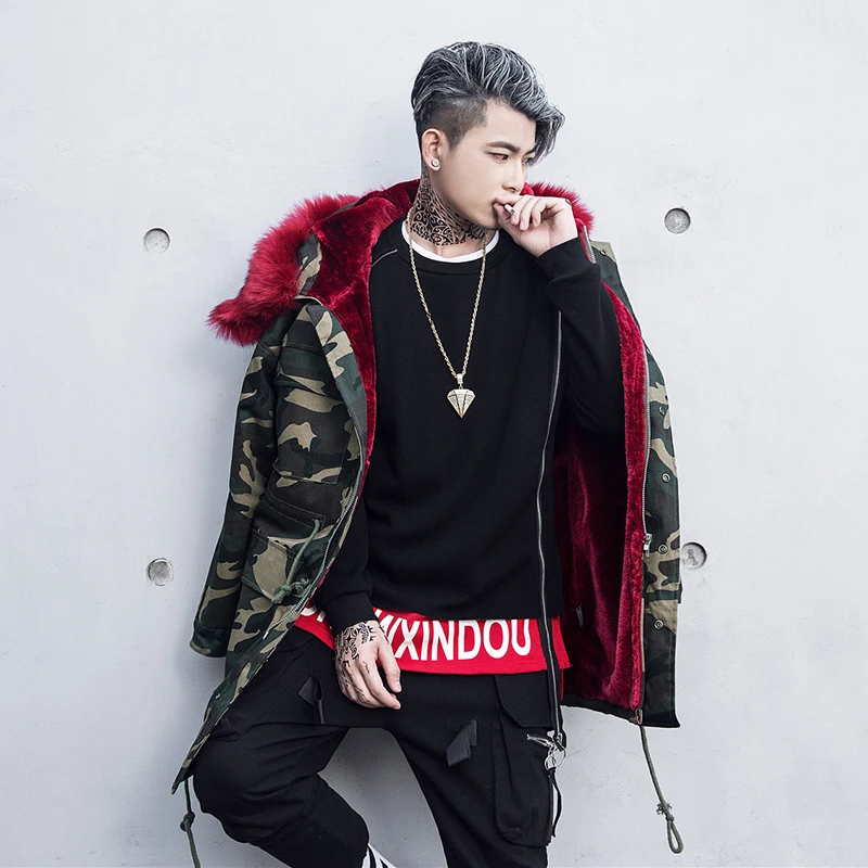 

Mens Winter Jackets And Coats Hood Army Green Long Parka Male Camouflage Hooded Fleece Hip Hop windbreaker Outwear