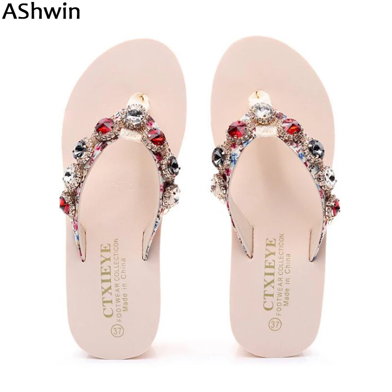 

AShwin fashion women sandals outdoor flip flops rhinestomes crsytal glitter bohemia beach slipper outdoor slipper slides summer