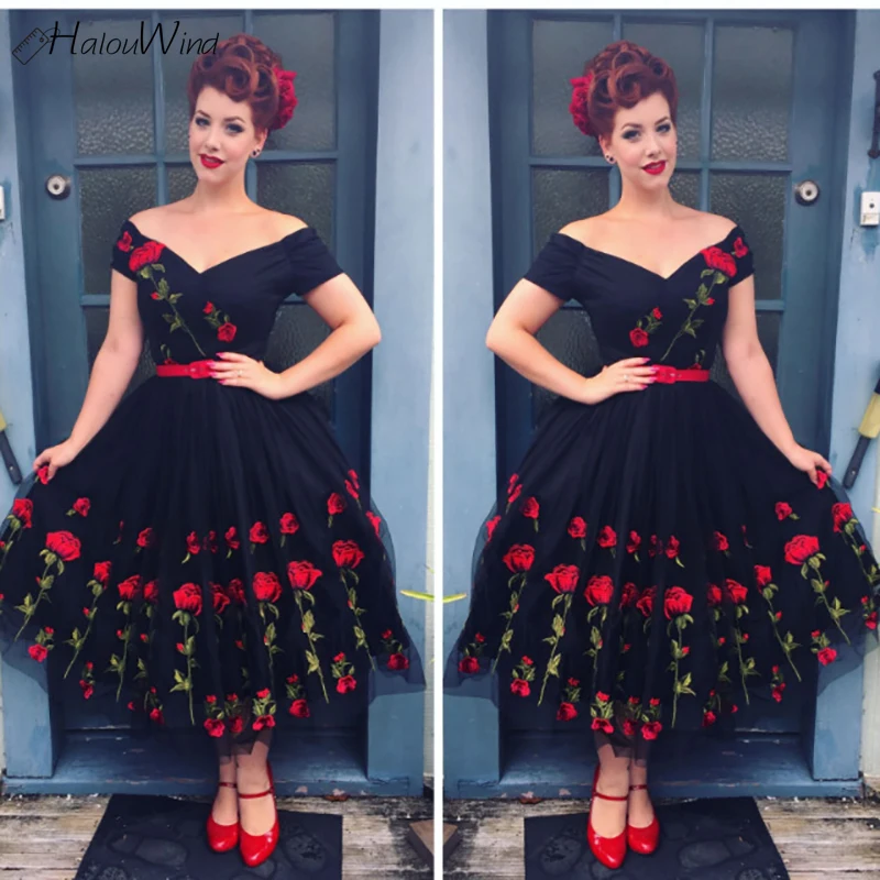 

2019 Vintage Floral Embroidery A-line Dress Mesh Slash Neck Party Evening Elegant Dresses Women Vintage Rockabilly Dress Robes