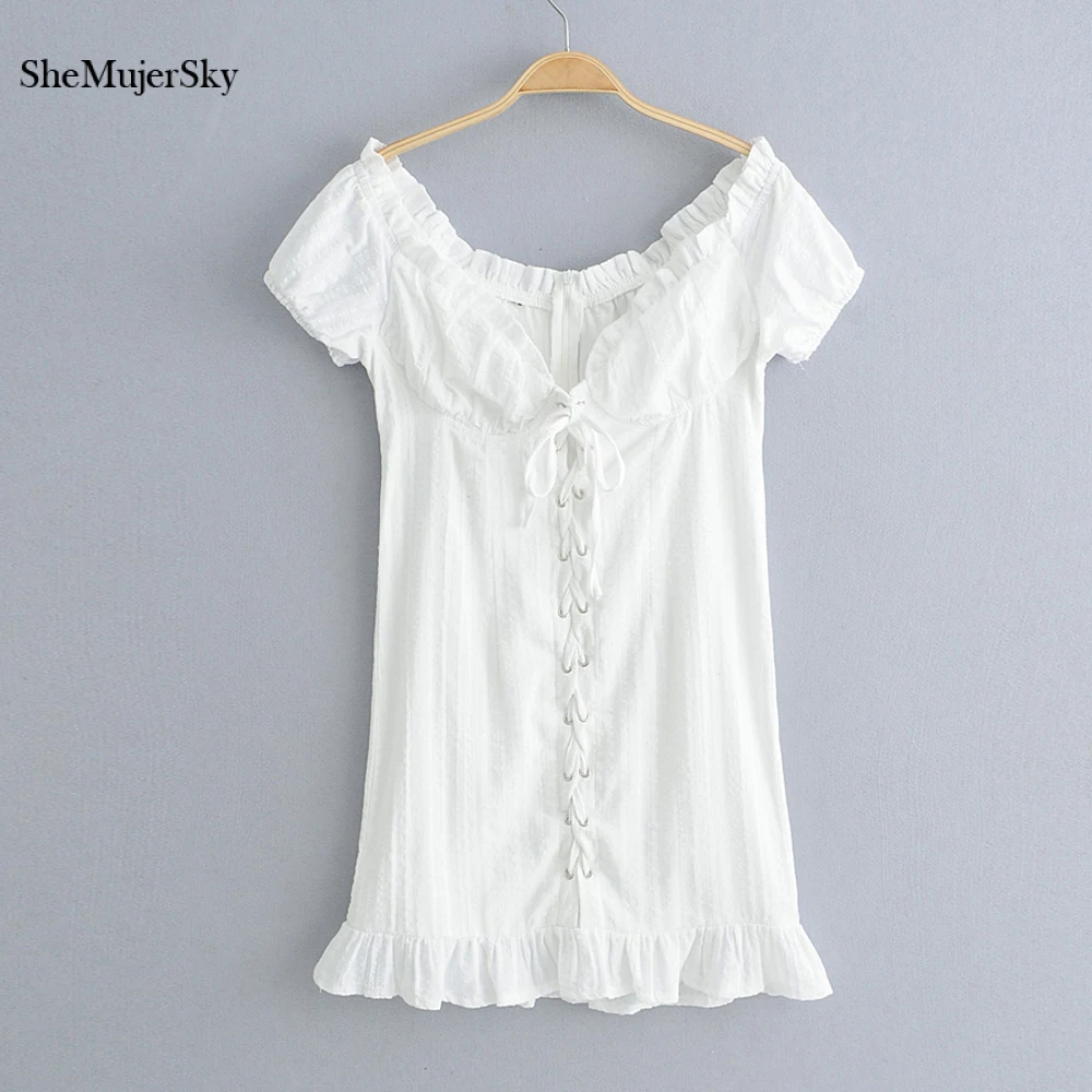 

SheMujerSky White Off Shoulder V-neck Dress Sexy Bandage Mini Dresses vestido de verano 2018