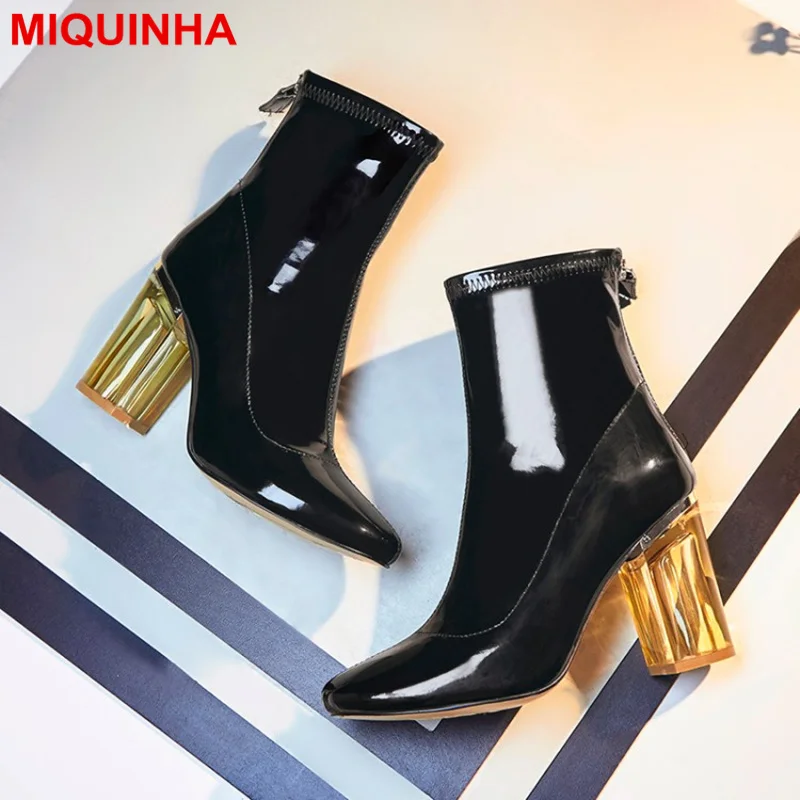 

MIQUINHA Round Toe Transparent Square High Heel Women Boot Fashion Zipper Design Spring Autumn Shoes Lady Short Mid-calf Booties