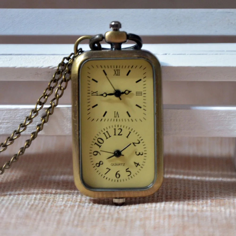 Vintage Bronze Square Quartz Pocket Watch Double Clock Necklace Chain