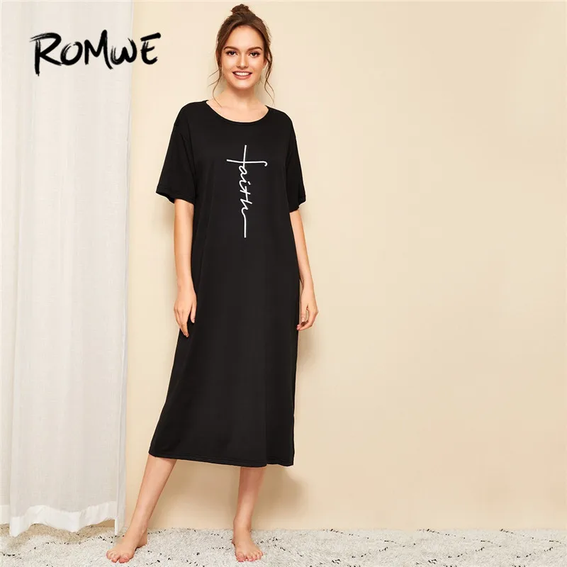

ROMWE Letter Print Black Night Dress Summer Short Sleeve Round Neck Women Sleepwear Casual Long Sleeping Dress Ladies Night Wear