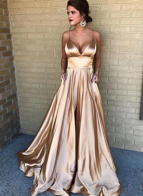 Для женщин Винтаж на бретелях с v-образным вырезом пикантное, длиной до пола платье однотонный тонкий сатин Вечеринка длинные платья - Цвет: gold